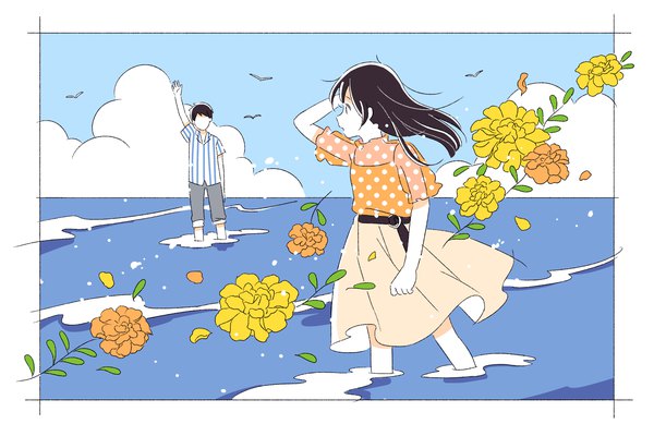Anime picture 1920x1280 with original satou odori (super normal) long hair highres short hair black hair looking away sky cloud (clouds) profile arm up wind partially submerged border girl boy skirt flower (flowers) shirt belt