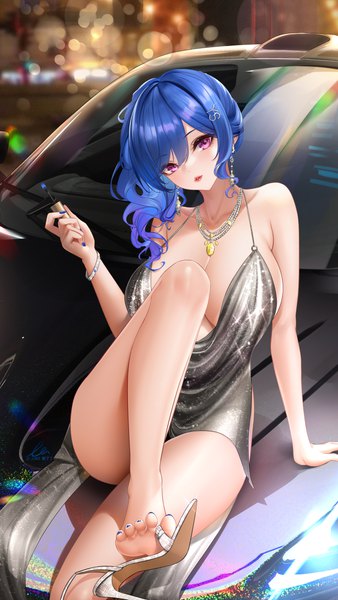 Anime picture 2999x5331 with azur lane st. louis (azur lane) st. louis (luxurious wheels) (azur lane) liu liaoliao single long hair tall image looking at viewer fringe highres breasts light erotic hair between eyes large breasts sitting purple eyes holding payot blue hair bent knee (knees)