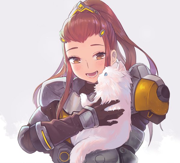 Anime picture 1300x1185 with overwatch blizzard entertainment brigitte (overwatch) lino chang single long hair blush open mouth simple background brown hair brown eyes payot upper body ponytail grey background girl animal armor cat