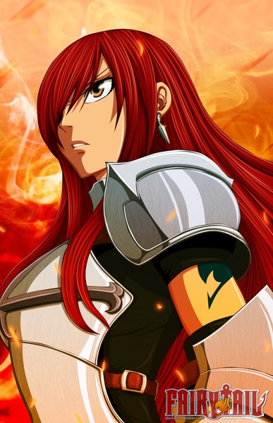 Anime picture 2000x3094 with fairy tail erza scarlet pkachu-kun single long hair tall image fringe highres brown eyes red hair hair over one eye inscription tattoo coloring girl earrings armor