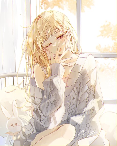 Anime picture 2362x2953 with original nagihaha single long hair tall image fringe highres blonde hair red eyes sitting signed indoors blunt bangs head tilt one eye closed yawn girl window toy stuffed animal