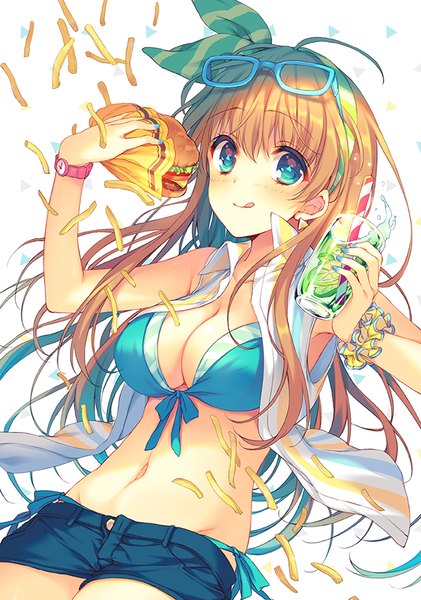 Anime picture 631x900 with original reia single long hair tall image looking at viewer blush breasts blue eyes light erotic blonde hair holding cleavage ahoge open clothes bare belly open shirt sunglasses on head wrist scrunchie girl