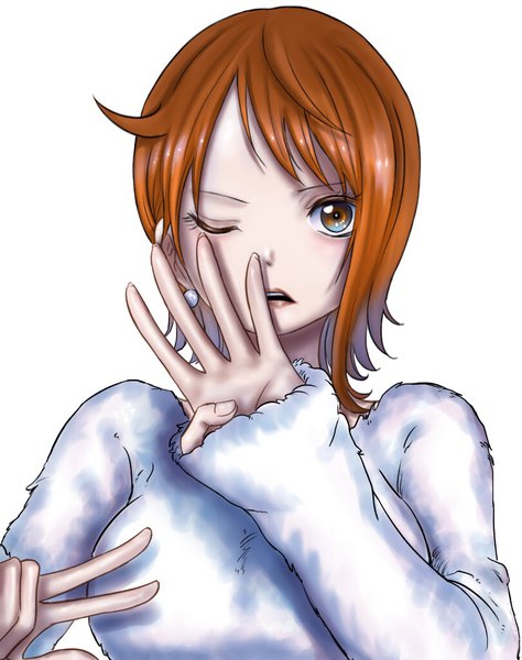 Anime picture 812x1028 with one piece toei animation nami (one piece) stt0tr single tall image looking at viewer blush fringe short hair breasts open mouth simple background large breasts white background brown eyes upper body one eye closed orange hair teeth
