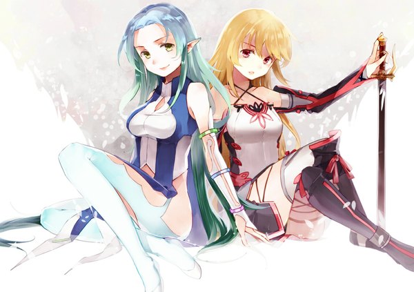 Anime picture 1101x778 with tales of (series) tales of xillia milla maxwell muse (tales of xillia) shiin (artist) long hair looking at viewer blonde hair smile red eyes sitting bare shoulders multiple girls yellow eyes blue hair pointy ears girl thighhighs weapon 2 girls