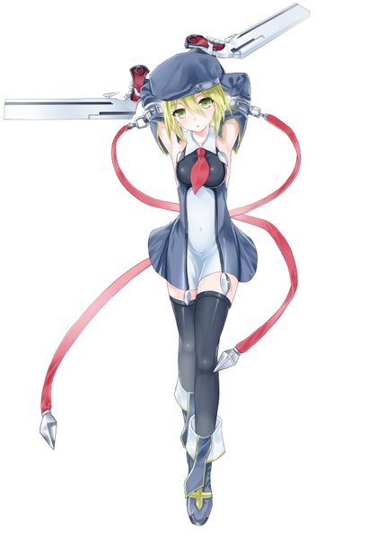 Anime picture 2200x3141 with blazblue noel vermillion arudehido single tall image highres short hair simple background blonde hair white background green eyes girl thighhighs weapon black thighhighs gun