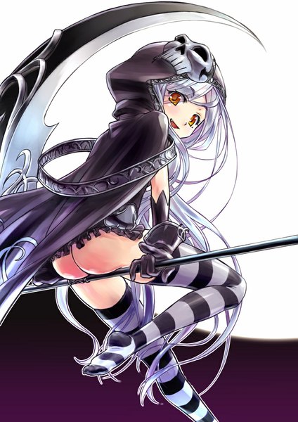 Anime picture 773x1093 with gothic wa mahou otome aoi rando single long hair tall image blush light erotic smile sitting yellow eyes silver hair ass very long hair looking back from behind teeth fang (fangs) girl thighhighs gloves