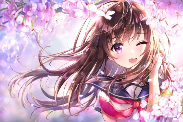 Anime picture 2673x1787 with original dana (hapong07) single long hair looking at viewer blush fringe highres open mouth smile hair between eyes brown hair purple eyes upper body outdoors one eye closed wind wink short sleeves cherry blossoms