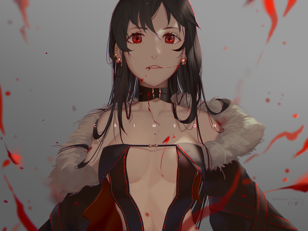 Anime-Bild 1200x900 mit fate (series) fate/grand order yu mei-ren (fate) reichiou single long hair looking at viewer fringe light erotic black hair simple background hair between eyes red eyes signed upper body parted lips blurry off shoulder grey background fur trim
