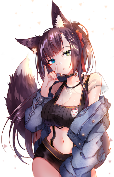 Anime picture 973x1500 with original usagihime single long hair tall image looking at viewer fringe breasts blue eyes light erotic simple background brown hair large breasts standing white background animal ears yellow eyes cleavage ponytail tail