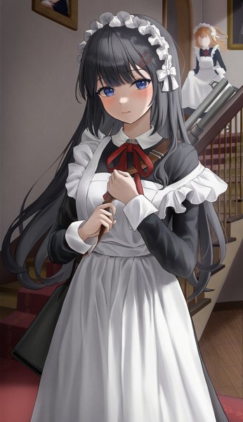 Anime picture 900x1560 with original hini ni long hair tall image looking at viewer blush fringe blue eyes black hair smile brown hair standing multiple girls holding indoors blunt bangs maid solo focus no face girl
