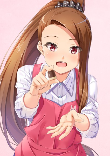 Anime picture 827x1169 with idolmaster minase iori miri (ago550421) single tall image looking at viewer blush fringe open mouth simple background red eyes brown hair upper body ponytail very long hair pink background outstretched hand girl food sweets