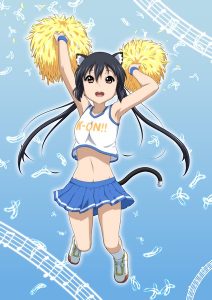 Anime-Bild 1358x1920 mit k-on! kyoto animation nakano azusa oku no shi single long hair tall image looking at viewer open mouth black hair twintails brown eyes animal ears tail animal tail cat ears cat girl cat tail cheerleader girl