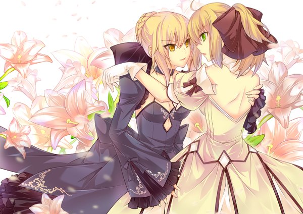 Anime picture 1488x1052 with fate (series) fate/stay night fate/zero fate/unlimited codes studio deen type-moon artoria pendragon (all) saber saber alter saber lily nailad short hair blonde hair bare shoulders multiple girls green eyes yellow eyes light smile back shoujo ai