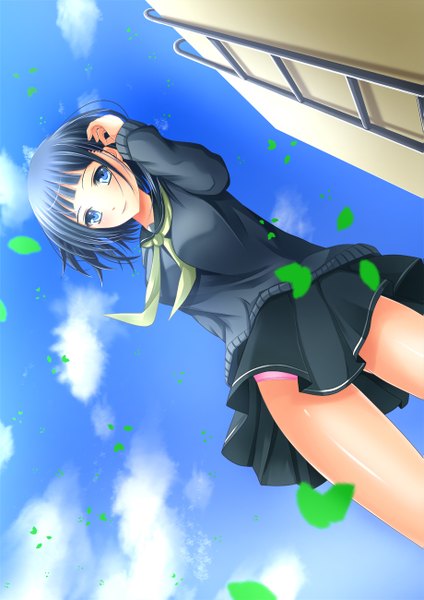 Anime picture 919x1300 with sword art online a-1 pictures kirigaya suguha toshi (1-147) single tall image looking at viewer short hair blue eyes light erotic smile blue hair sky cloud (clouds) pantyshot girl skirt underwear panties serafuku