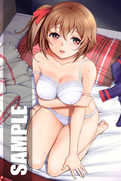 Anime picture 900x1338 with original miyabi (miyabi r18) single tall image looking at viewer short hair breasts open mouth light erotic brown hair large breasts bare shoulders brown eyes cleavage ponytail barefoot light smile bare legs teeth bare belly