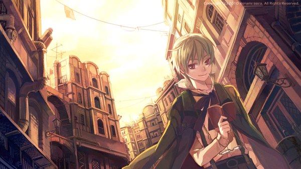 Anime picture 1600x900 with original minami seira single short hair blonde hair smile red eyes wide image city boy glasses book (books) building (buildings) cloak lantern wire (wires) suspenders