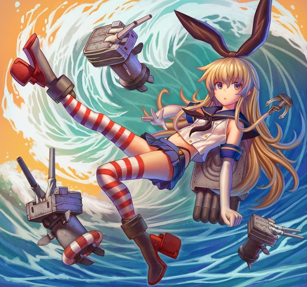 Anime picture 1100x1028 with kantai collection shimakaze destroyer rensouhou-chan urokoda single long hair looking at viewer light erotic brown hair brown eyes pantyshot girl skirt gloves navel underwear panties bow weapon hair bow