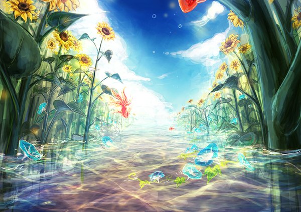Anime picture 1000x705 with original kyara36 sky no people scenic flower (flowers) plant (plants) animal water leaf (leaves) fish (fishes) sunflower