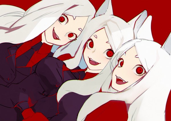 Anime picture 1500x1060 with helltaker cerberus (helltaker) nido celisius long hair looking at viewer open mouth simple background smile red eyes multiple girls animal ears upper body white hair :d fang (fangs) demon girl red background dog ears smirk triplets