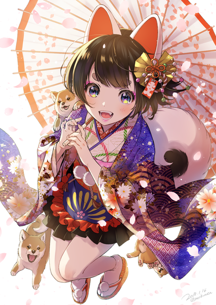 Anime picture 1158x1637 with original morikura en single tall image blush fringe short hair open mouth black hair purple eyes holding animal ears tail traditional clothes japanese clothes animal tail fang (fangs) floral print dated eyebrows