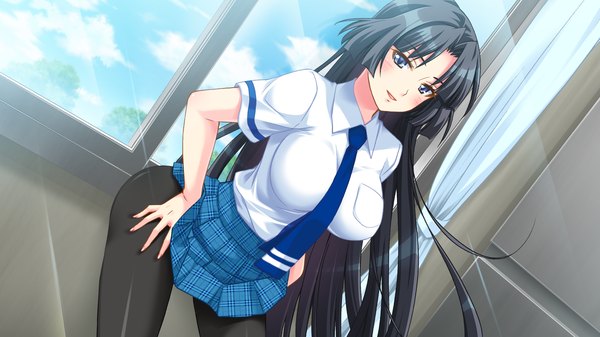 Anime picture 2048x1152 with no pantsu!! kajiki aiko bomi long hair highres blue eyes light erotic black hair wide image game cg girl serafuku