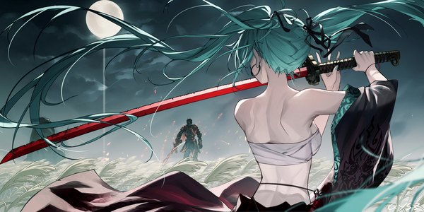 Anime-Bild 1800x900 mit sekiro: shadows die twice vocaloid from software hatsune miku sekiro qys3 highres breasts light erotic wide image standing twintails holding outdoors very long hair wind from behind aqua hair night arms up