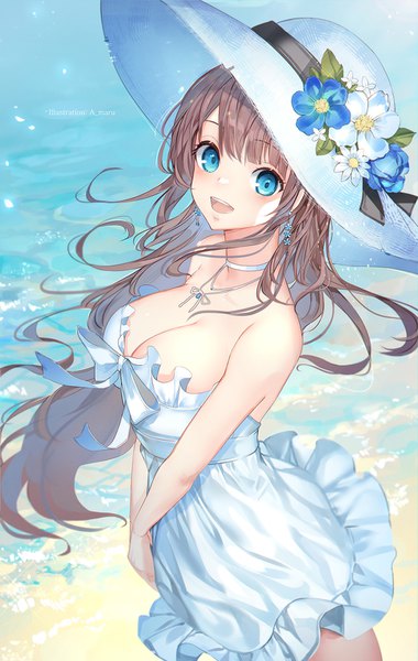Anime picture 1000x1576 with original unity (ekvmsp02) single long hair tall image looking at viewer blush fringe breasts open mouth blue eyes light erotic smile brown hair large breasts bare shoulders signed cleavage outdoors :d