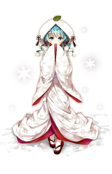 Anime picture 660x1020 with vocaloid hatsune miku yuki miku yuki miku (2013) lf single long hair tall image looking at viewer blush fringe smile standing twintails long sleeves traditional clothes japanese clothes multicolored hair aqua eyes aqua hair