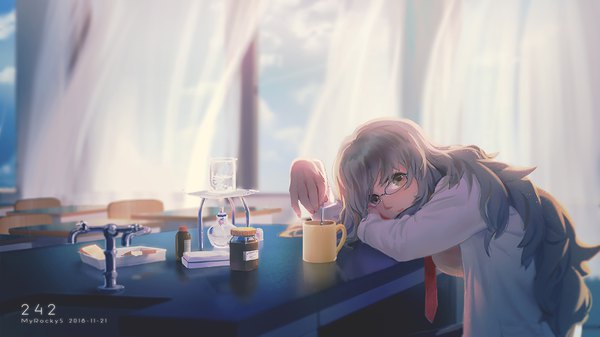 Anime picture 1920x1080 with seishun buta yarou cloverworks futaba rio myrockys single long hair looking at viewer fringe highres wide image holding brown eyes signed upper body indoors grey hair wallpaper dated classroom girl