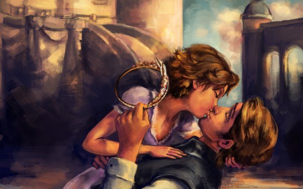Anime picture 1440x900 with tangled rapunzel flin raider alicexz short hair brown hair wide image holding signed sky eyes closed inscription couple hug kiss girl boy tiara castle tower