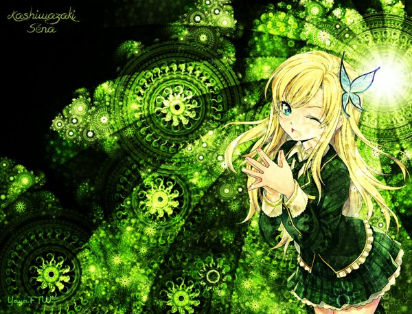 Anime picture 1024x780 with boku wa tomodachi ga sukunai kashiwazaki sena yayaftw (artist) long hair looking at viewer blush open mouth blue eyes blonde hair smile one eye closed wink wallpaper ;d fingers together girl skirt hair ornament necktie insect