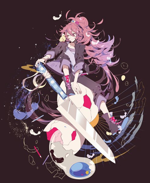 Anime picture 920x1120 with original shikimi (yurakuru) long hair tall image simple background smile sitting looking away pink hair ponytail pink eyes open clothes open jacket black background lacing girl weapon animal jacket boots