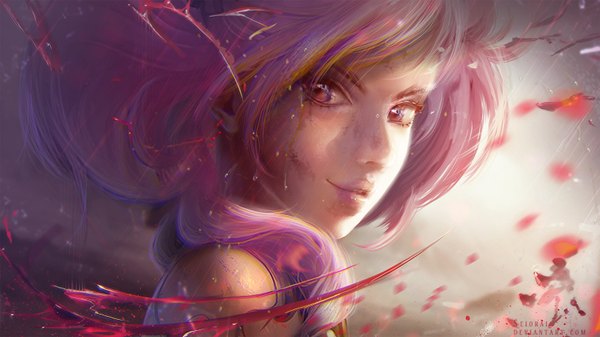 Anime picture 1600x900 with original seiorai single long hair looking at viewer fringe wide image bare shoulders signed pink hair upper body pink eyes light smile lips blurry realistic lipstick rain eyebrows pink lipstick