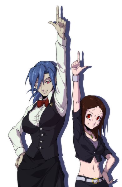 Anime picture 899x1379 with death parade saturday night fever skullgirls madhouse valentine (skullgirls) painwheel (skullgirls) ganno tall image short hair simple background smile red eyes brown hair white background multiple girls blue hair arm up midriff hand on hip scar