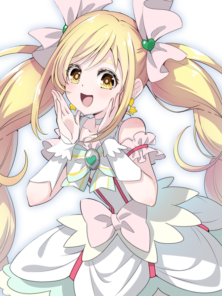 Anime picture 1020x1362 with precure precure all stars toei animation sakagami ayumi cure echo osarutukamaeru single long hair tall image open mouth blonde hair twintails yellow eyes :d magical girl girl dress earrings white dress wrist cuffs