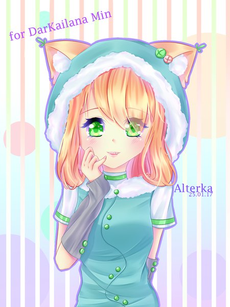 Anime picture 1500x2000 with original alterka single long hair tall image looking at viewer blush fringe open mouth blonde hair smile hair between eyes green eyes signed animal ears upper body cat ears cat girl fang (fangs) fur trim