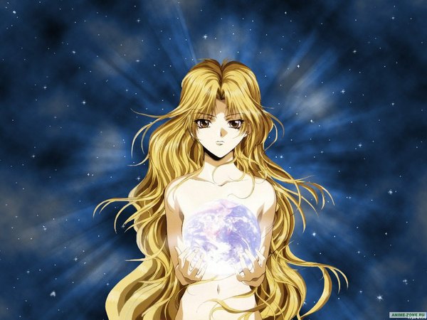Anime picture 1024x768 with angel sanctuary mudo sara single long hair looking at viewer light erotic blonde hair holding brown eyes night sky light girl navel star (stars) earth