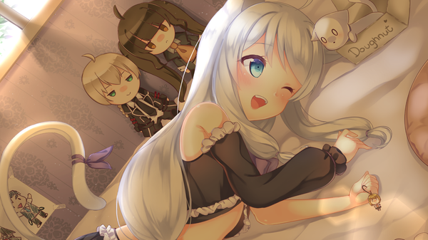 Anime picture 1920x1080 with soul worker stella unibell usagimiko single long hair blush fringe highres open mouth blue eyes wide image bare shoulders animal ears payot looking away white hair tail animal tail one eye closed cat ears