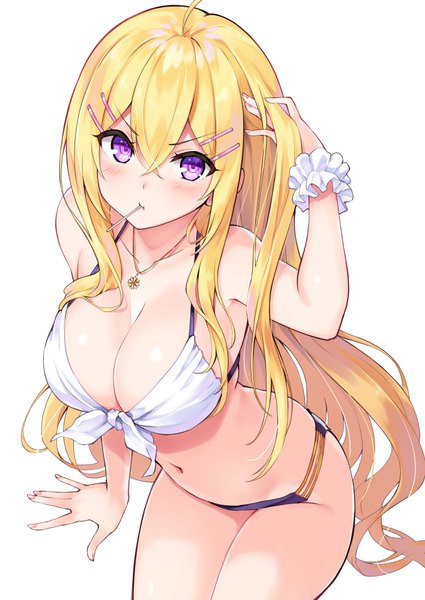 Anime picture 708x1000 with cu-no hakurei botan hisenkaede single long hair tall image looking at viewer blush fringe breasts light erotic simple background blonde hair large breasts white background sitting purple eyes bare shoulders payot cleavage