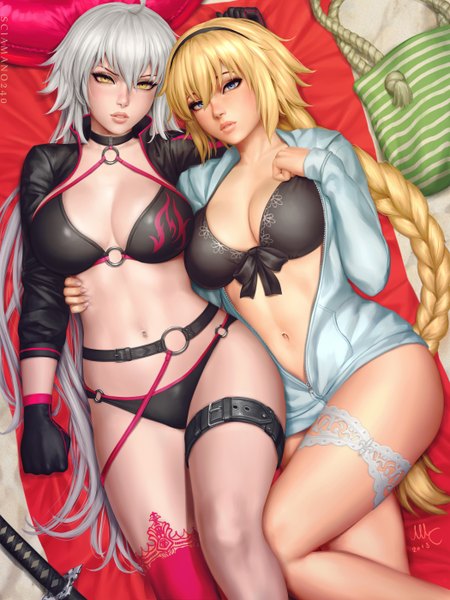 Anime picture 2100x2800 with fate (series) fate/grand order jeanne d'arc (fate) (all) jeanne d'arc alter (fate) jeanne d'arc alter (swimsuit berserker) (fate) jeanne d'arc (swimsuit archer) sciamano240 long hair tall image looking at viewer blush fringe highres breasts blue eyes light erotic blonde hair hair between eyes large breasts multiple girls