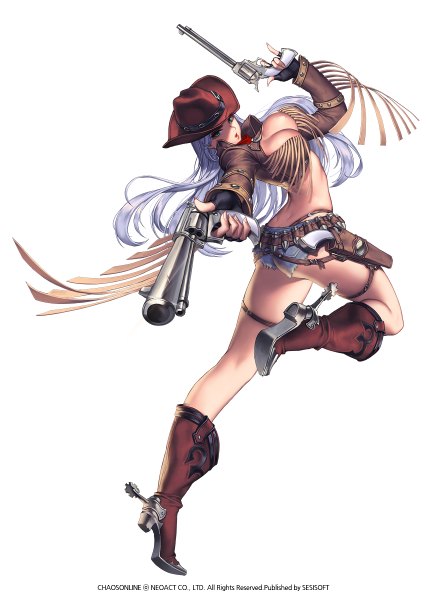 Anime-Bild 854x1200 mit chaos online love cacao single long hair tall image looking at viewer breasts light erotic simple background large breasts white background green eyes silver hair lips arched back girl weapon hat shorts boots