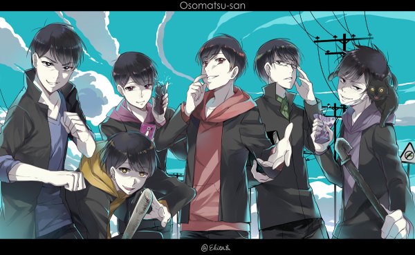 Anime picture 1200x739 with osomatsu-san matsuno osomatsu matsuno karamatsu matsuno ichimatsu matsuno choromatsu matsuno todomatsu matsuno juushimatsu ekita xuan short hair open mouth black hair smile red eyes wide image green eyes signed yellow eyes sky cloud (clouds) pink eyes