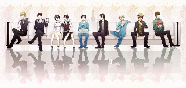 Anime picture 1300x619 with durarara!! brains base (studio) orihara izaya heiwajima shizuo kida masaomi ryuugamine mikado kadota kyohei orihara mairu orihara kururi heiwajima kasuka rokujo chikage short hair blue eyes black hair blonde hair simple background smile red eyes wide image sitting