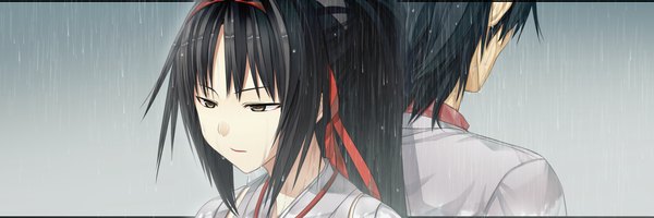 Anime picture 2560x854 with monobeno cura long hair highres black hair wide image yellow eyes game cg ponytail rain girl boy ribbon (ribbons) hair ribbon