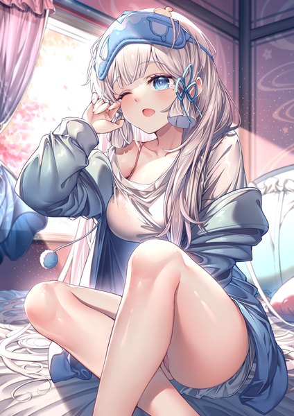 Anime picture 2480x3508 with genshin impact kamisato ayaka kishita yuu single tall image fringe highres breasts open mouth blue eyes light erotic large breasts sitting payot silver hair bent knee (knees) indoors blunt bangs long sleeves very long hair
