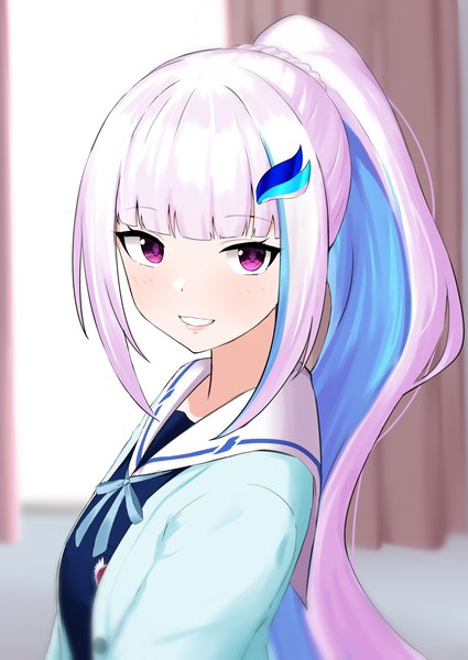 Anime picture 1002x1416 with virtual youtuber nijisanji lize helesta lize helesta (4th costume) nichijo single long hair tall image looking at viewer fringe smile purple eyes payot pink hair upper body ponytail blunt bangs multicolored hair grin turning head