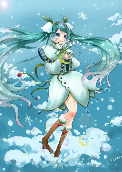 Anime picture 2952x4169 with vocaloid hatsune miku yuki miku yuki miku (2015) yamano (yamanoh) single tall image looking at viewer highres open mouth blue eyes standing twintails signed absurdres ahoge long sleeves very long hair aqua hair wide sleeves