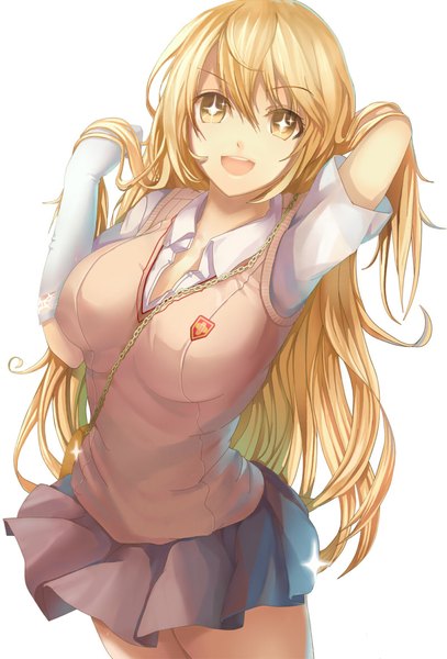Anime picture 800x1178 with to aru kagaku no railgun j.c. staff shokuhou misaki hisahisahisahisa single long hair tall image looking at viewer breasts open mouth simple background blonde hair large breasts standing white background yellow eyes pleated skirt sparkle short sleeves symbol-shaped pupils
