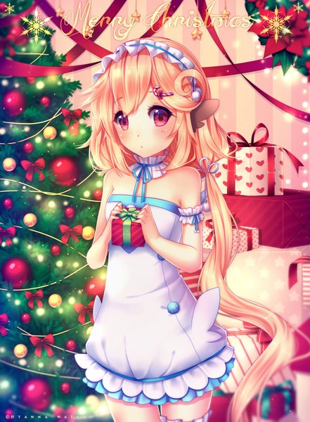 Anime picture 1030x1400 with original hyanna-natsu single long hair tall image blush blonde hair bare shoulders pink eyes :o christmas head wings merry christmas girl dress bow ribbon (ribbons) hair ribbon wings hairband