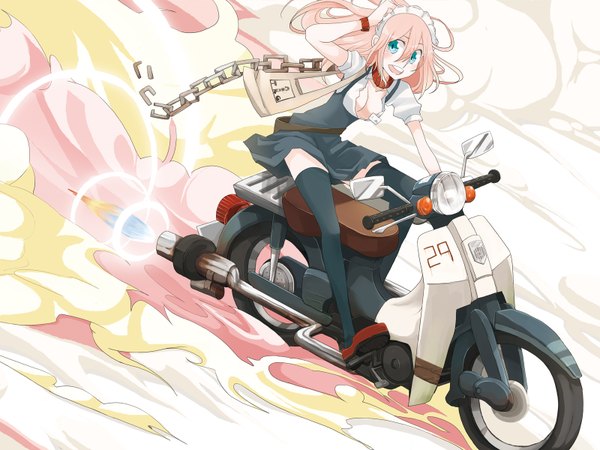 Anime picture 1600x1200 with green eyes pink hair smoke waitress girl thighhighs black thighhighs chain motorcycle